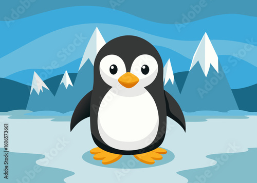 Cute cartoon penguin standing in an icy landscape with mountains