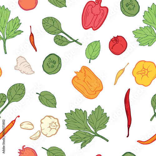 Vector seamless pattern for vegetable season. Bright healthy vegetables in cartoon style are suitable for printing and will attract attention to your project.