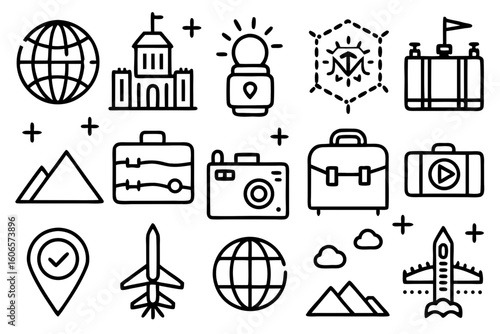 Minimal vector icon set of 40 travel and tourism concepts. Perfect grid alignment, no boxes, outline style. Ideal for apps, maps, booking, and travel branding.

