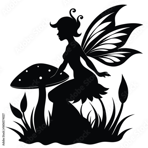 A beautiful vector silhouette illustration of a woman with a butterfly, fan, and flowing floral hair design