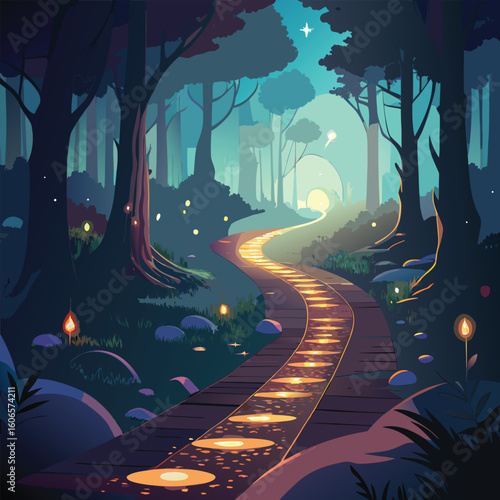 Star-filled night sky over a dark highway winding through a moonlit city and a mystical forest landscape, illuminated by abstract car lights