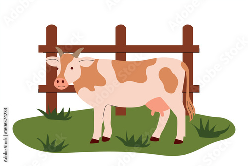 Flat illustration of a light brown spotted cow standing on green grass near a wooden fence. Minimalist cartoon style, perfect for farm themed designs, kids books, and educational materials. Vector