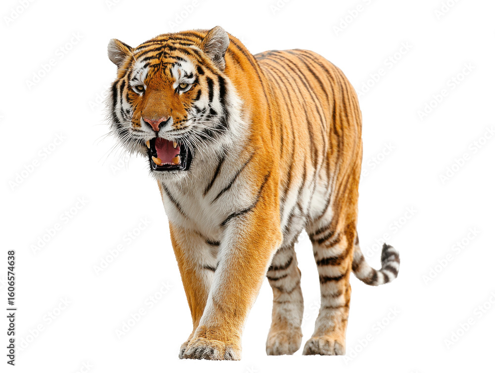 Obraz premium Tiger roaming in nature wild animal photography vibrant environment. Isolated on transparent background, png.