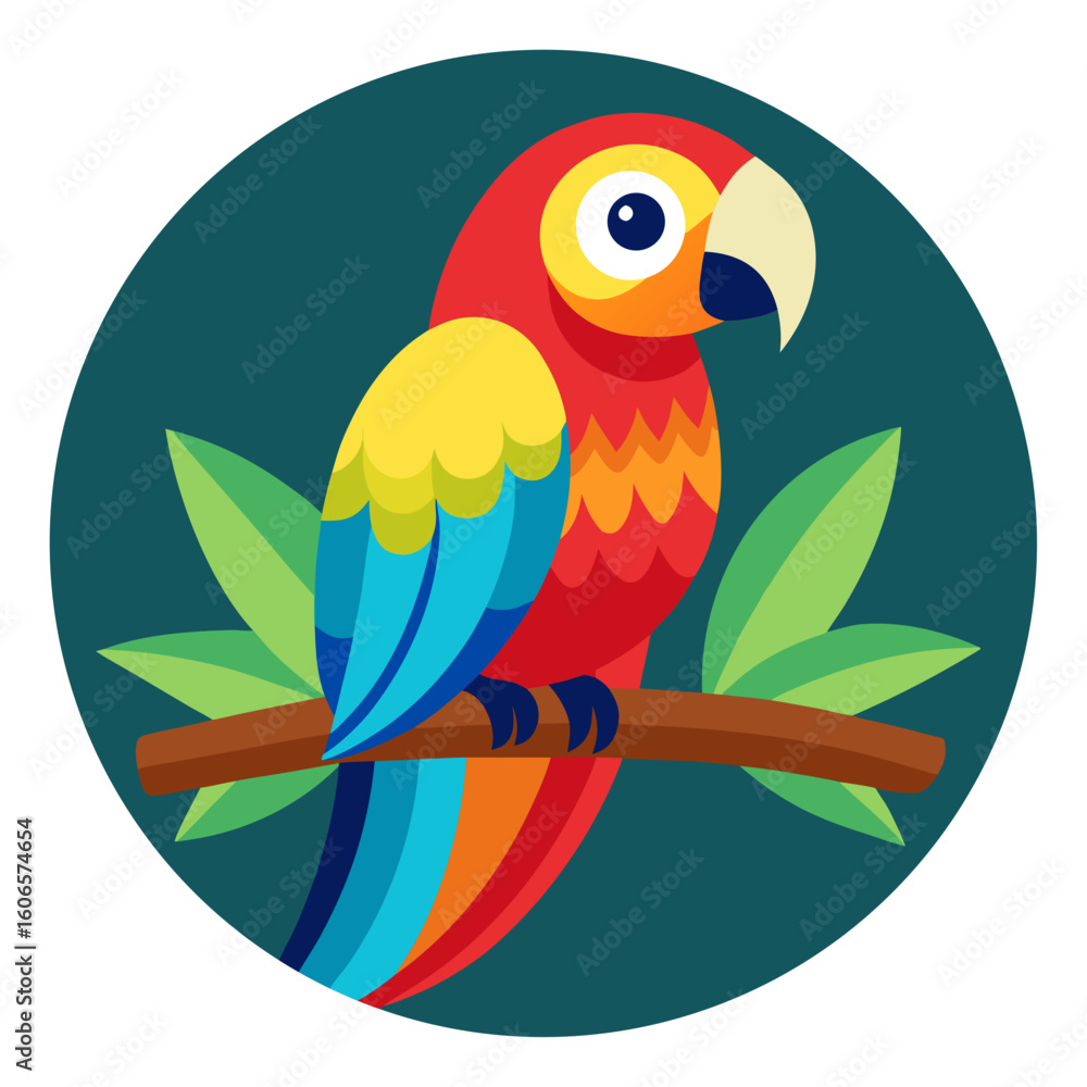 Fototapeta premium Colorful macaw parrot perched on a branch with leaves
