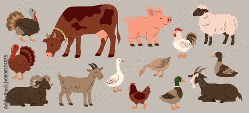 Flat illustration of various farm animals including cow, pig, sheep, goat, duck, goose, turkey, chicken, and rooster. Cute cartoon style on beige background, perfect for childrens books and farm