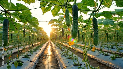Sunlit cucumber farm showcasing rows of healthy plants with ripe cucumbers under a golden sunset
