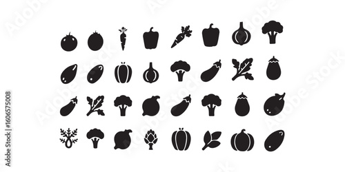 A collection of black silhouette vegetable icons arranged in neat rows on a white background