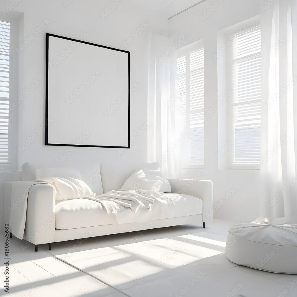 Fototapeta premium Bright and airy modern living room with a comfortable white sofa and a large blank picture frame on a white wall bathed in natural sunlight