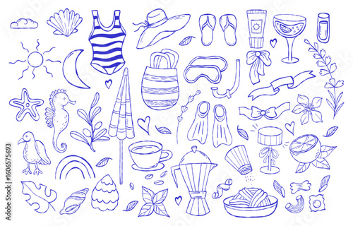 Dolce vita. Mediterranean aesthetics. Summer beach relaxation and Italian food Doodle set. Isolated Outline hand drawn beachwear, accessories and nautical leisure, Drinks. Vector illustration. Not AI
