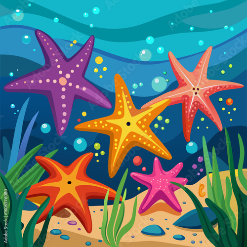 Colorful starfish and bubbles underwater scene