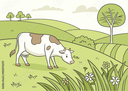 Cartoon cow grazing in a green pastoral landscape