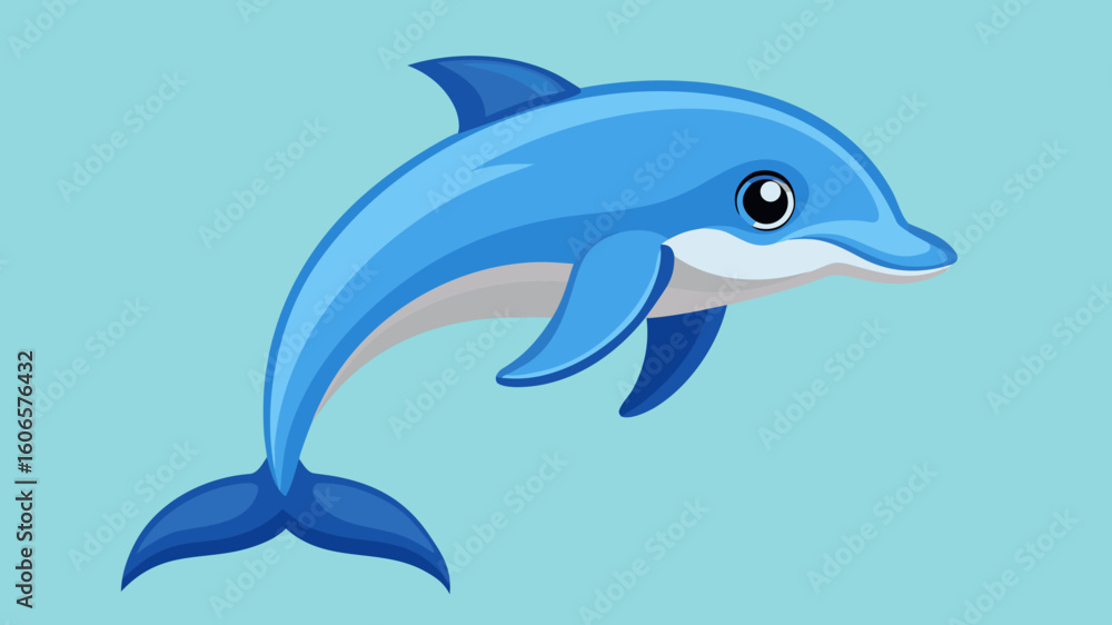 Fototapeta premium Cute cartoon blue dolphin jumping in clear blue water