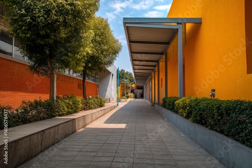 A covered walkway between orange and brick buildings with trees on a sunny day