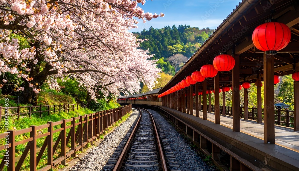 Obraz premium Springtime railway station with cherry blossoms