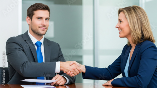 Wallpaper Mural Business Handshake: Confident Man and Smiling Woman Sealing a Deal in Modern Office Torontodigital.ca