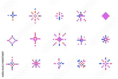 Pixel sparkles and stars Retro 8bit icons for games UX design firework effect space decor 90s Y2K pixel art graphics set. Firework burst, space decoration.
