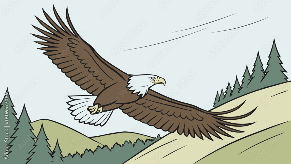 Fototapeta premium Majestic bald eagle soars over rolling hills and pine trees