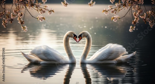 Fototapeta Naklejka Na Ścianę i Meble -  Two swans in a heart shape on calm water, framed by cherry blossoms