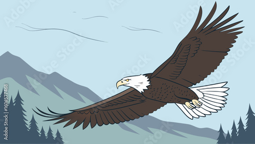 Majestic bald eagle soars over mountainous landscape