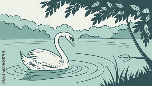 Serene swan glides through calm waters under lush green trees