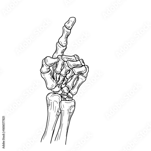 Skeleton's hand points with bony finger, silhouetted black-and-white sketch. Vector illustration. Hand of dead man, isolated on white background. For tattoos, prints, stickers, Halloween greeting card