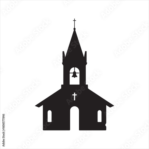 Church icon vector. Christian religion symbol. Black chapel silhouette with cross and bell. Faith, worship, and spiritual building illustration.
