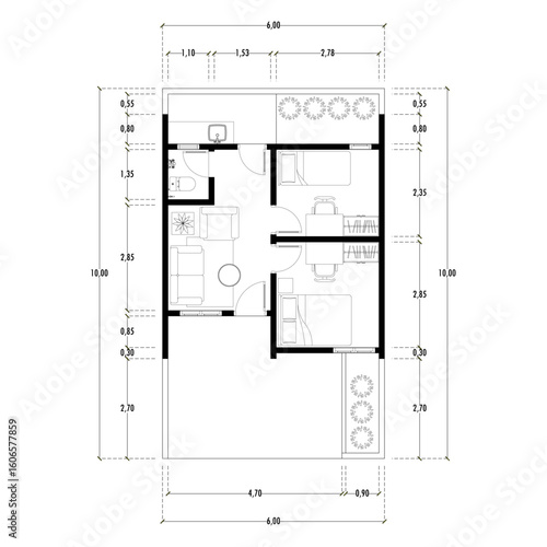 Black and White floor plan of a modern unfurnished house for your design. Suburban house vector blueprint. Architectural background.	