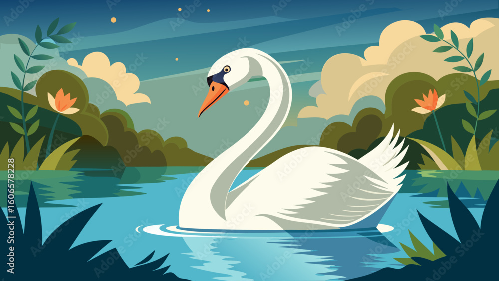 Obraz premium Elegant swan gliding on a serene lake at dusk