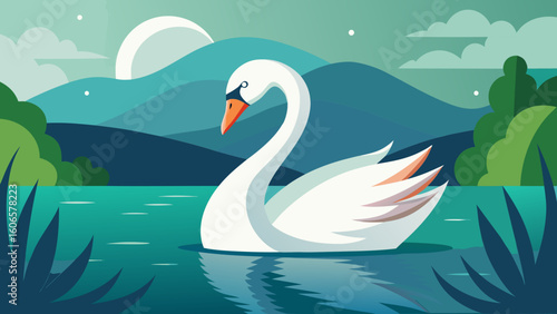 Elegant swan glides on tranquil teal water amidst serene landscape