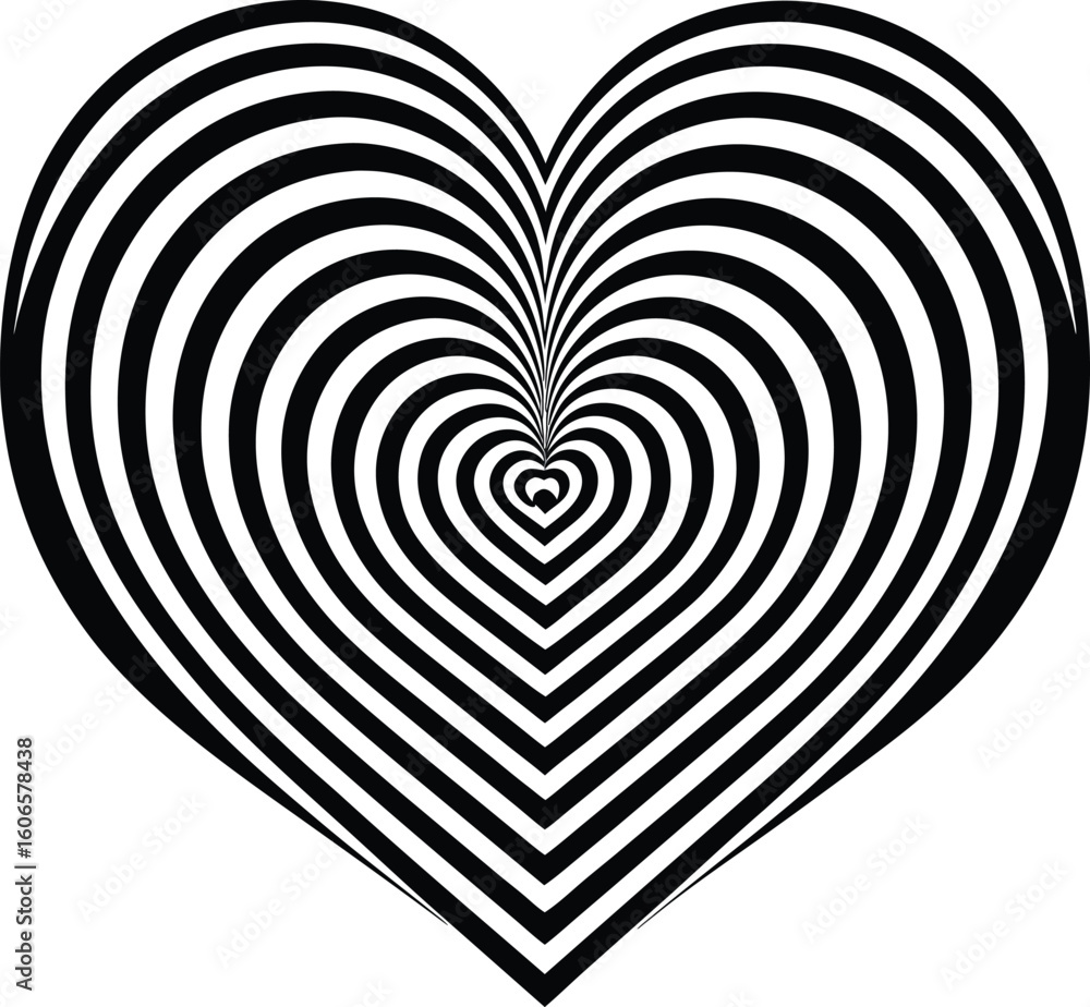 Obraz premium Black and white heart design with a swirling, curved line pattern creating an optical illusion, perfect for a unique valentine's backdrop