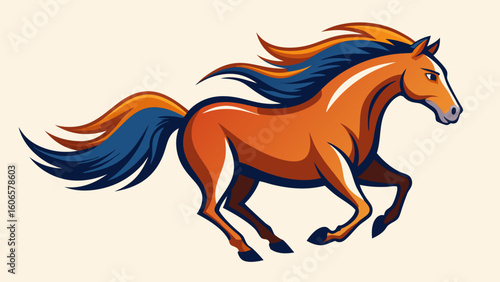 Stylized orange horse galloping with blue and orange mane and tail