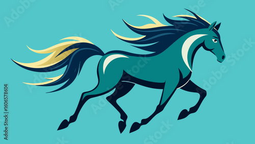 Stylized teal horse galloping with flowing mane and tail