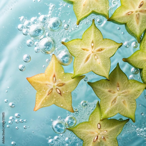 Top-Down of Starfruit Floating in Mineral Water
