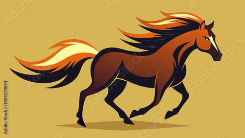 Majestic brown horse galloping with fiery mane and tail