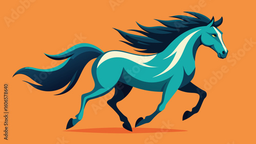 Stylized teal horse galloping on orange background