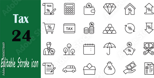A collection of twenty four tax and financial icons in a simple editable stroke style