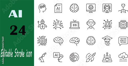 Collection of twenty four editable stroke ai icons illustrating artificial intelligence and technology
