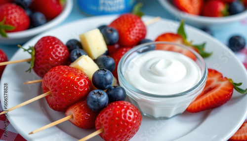 Fresh fruit skewers with strawberries, blueberries, and pineapple served with creamy dip create delightful summer treat