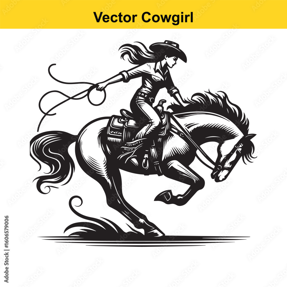 Naklejka premium Cowgirl & Racing Horse – Vector Line Art.