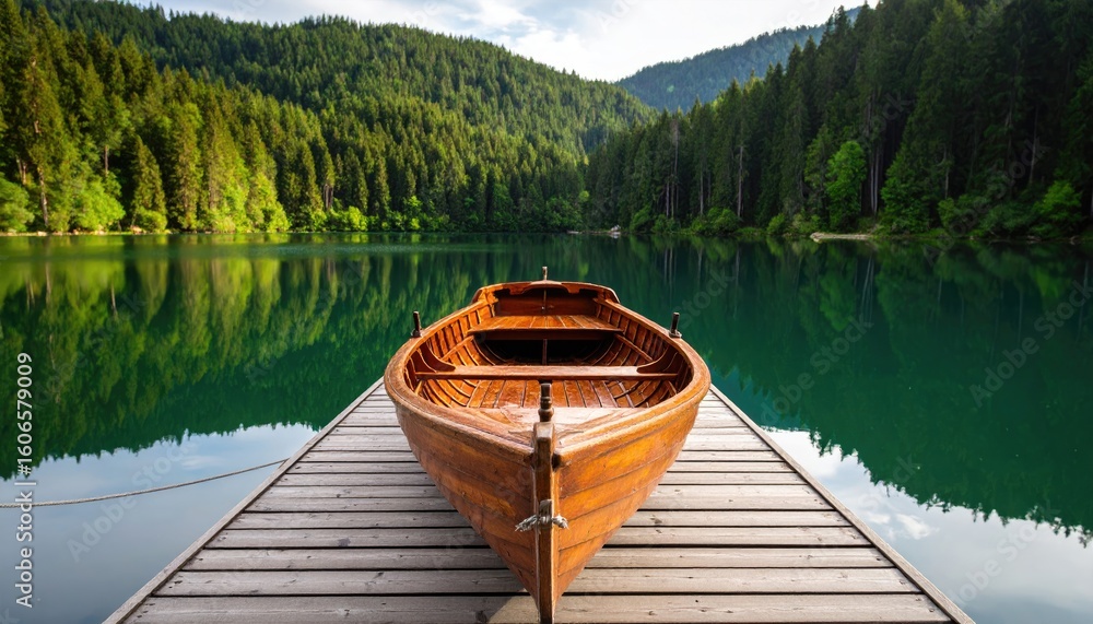 Naklejka premium Wooden boat on tranquil lake, surrounded by forest