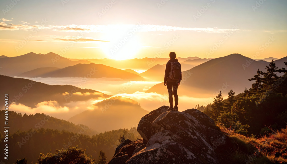 Fototapeta premium Summit Serenity: Person Silhouetted Against Mountain Sunrise