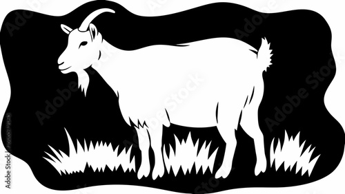 White goat silhouette standing in grass against black background