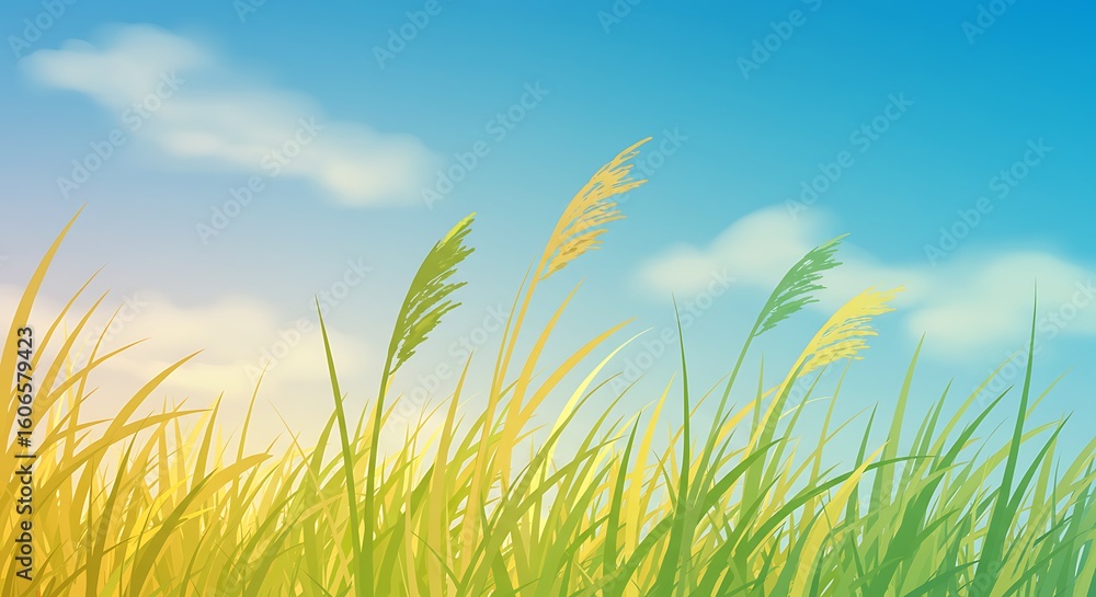 Fototapeta premium Whispers of Spring A Symphony of Grass and Sky, Summer Serenity Blue Skies and Verdant Fields