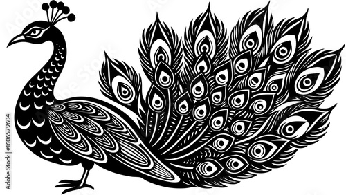 Elegant black and white peacock with detailed feathers