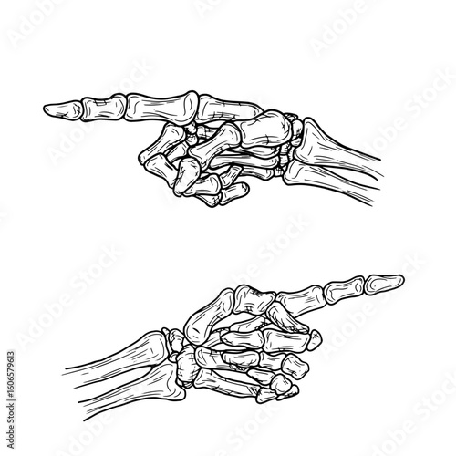 Skeleton's hand points with bony finger, set of silhouettes, black-and-white sketch. Vector illustration. Hand of dead man, isolated on white background. For prints, stickers, Halloween greeting cards