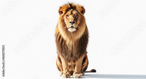Majestic lion sitting upright, facing forward on white background