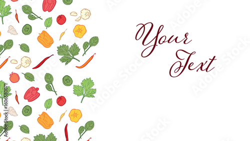 Vector banner with space for your text or advertising. Stylized cartoon style healthy vegetables and bright leaves, hand drawn with juicy pleasant colors.
