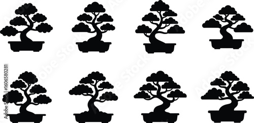 Silhouette of a Collection of Elegant Bonsai Trees in Pots, Representing Harmony and Serenity, Ideal for Zen Gardens and Japanese Culture Enthusiasts