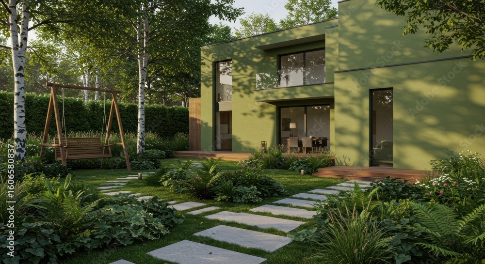 Obraz premium Modern green house with garden, swing, and stone path leading to the entrance.