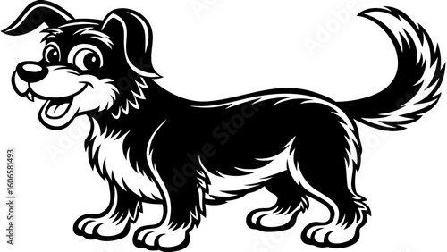 Happy black and white cartoon dog standing and wagging tail
